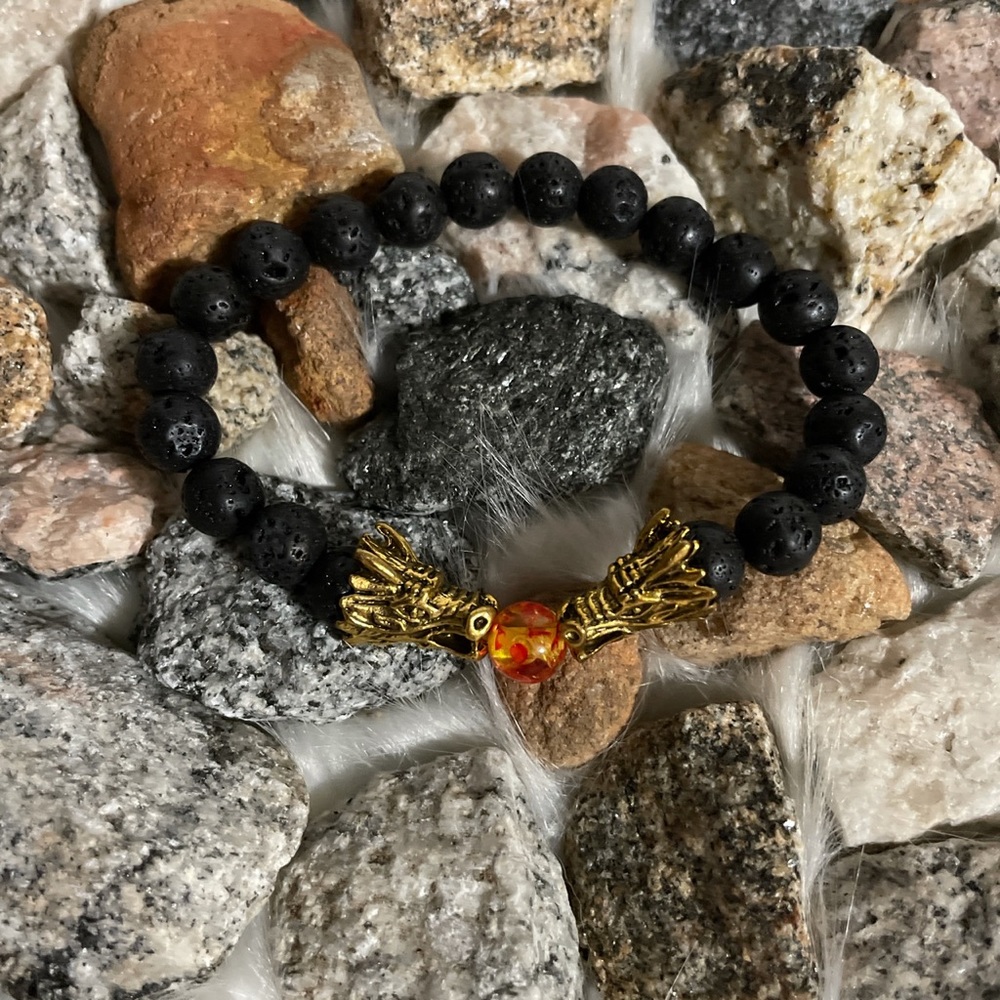 Double Dragon Head Black Natural Stone Bracelet